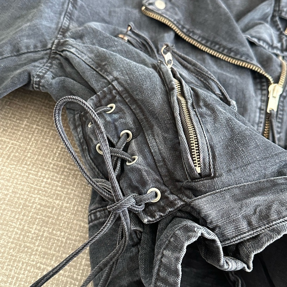Free People Oversized Moto Jacket Black Denim Belted Lace Up Small Boho Biker - Picture 9 of 15